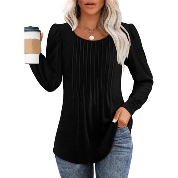 Women’s Pleated Scoop Neck Tunic - Long Sleeve Fall Blouses for Leggings, Black - Picture 1 of 6